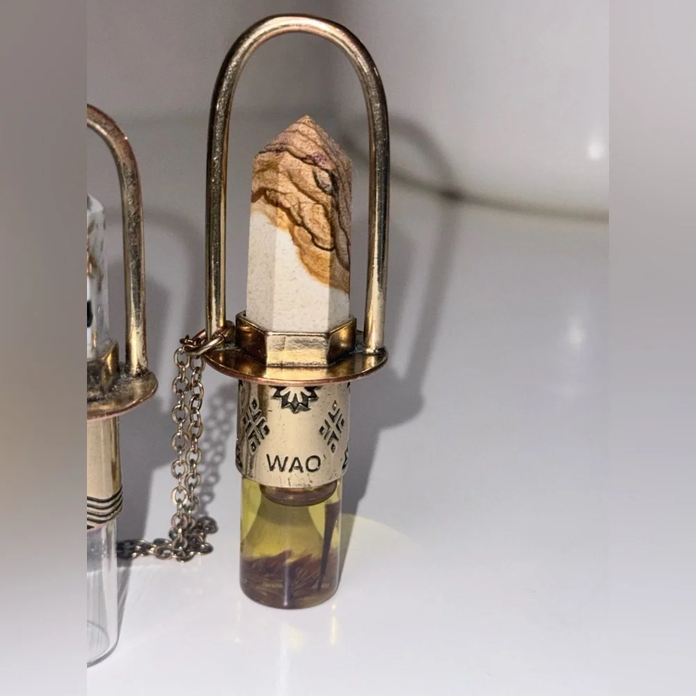 NWOT - Handmade Brass Essential Oil Rollerball Necklace with Ocean Jasper Stone
